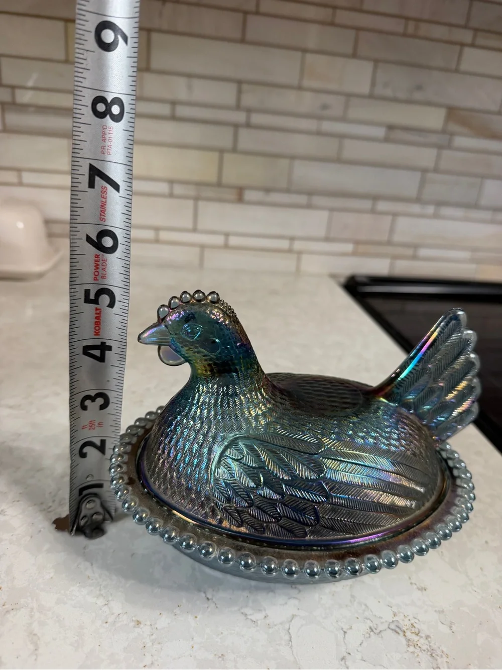 Iridescent Carnival Glass Hen on Nest Covered Dish - Blue-Green